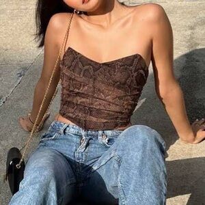 Zara Corset Top Cropped Brown Mesh Snakeskin Small S